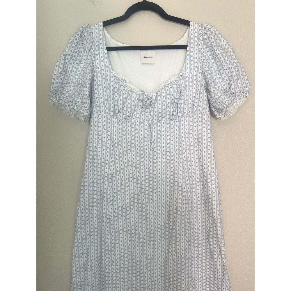 Reformation Cherise Linen Midi Dress Size 12 Blue Floral Regency Milkmaid - Picture 5 of 14